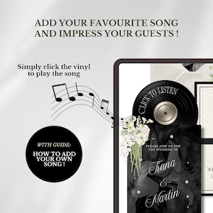 K&ouml;nnte beinhalten: Eine digitale Hochzeitseinladungsvorlage mit einer schwarzen Schallplattengrafik und dem Text CLICK TO LISTEN. Das Design enth&auml;lt florale Akzente, die Namen Tiana & Martin sowie den Text: ADD YOUR FAVOURITE SONG AND IMPRESS YOUR GUESTS! und WITH GUIDE: HOW TO ADD YOUR OWN SONG!