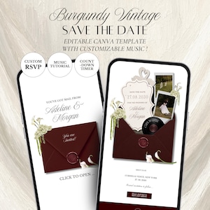 May include: Two smartphones displaying a digital burgundy vintage save the date invitation template. The screens feature an envelope with a wax seal, floral accents, photo frames, and text including Adeline & Morgan, 27.08.2030, and custom RSVP.