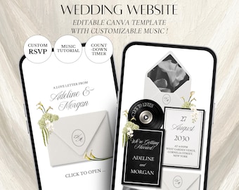 White Black Floral Wedding Website Template | Editable Canva Invitation with RSVP and Music (Digital Download)