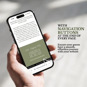 May include: A smartphone displays a wedding invitation with the names Adeline & Morgan and the date August 27th, 2026. The screen also shows text about the wedding and navigation buttons. The phone is held in a hand.