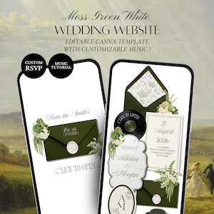 Moss Green & White Vintage Floral Wedding Website Template | Editable Canva Digital Invitation with RSVP