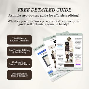 May include: A digital guide featuring the text FREE DETAILED GUIDE, A simple step-by-step guide for effortless editing!, and Whether you're a Canva pro or a total beginner, this guide will definitely come in handy! with four dark brown buttons and three instructional pages.