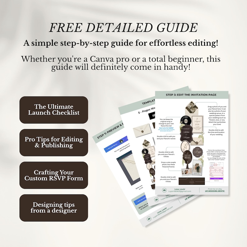 May include: A digital guide featuring the text FREE DETAILED GUIDE, A simple step-by-step guide for effortless editing!, and Whether you're a Canva pro or a total beginner, this guide will definitely come in handy! with four dark brown buttons and three instructional pages.