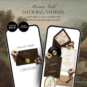 Op de afbeelding: Twee smartphones met een bruine en gouden trouwwebsite Canva-sjabloon. De schermen tonen digitale uitnodigingen, enveloppen met waszegels, bloemenboeketten, een vinylplaat en tekst waaronder 'From the Smiths', 'Click to open' en '27 August 2026'.