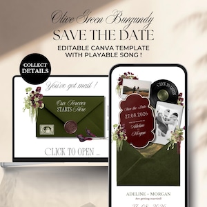 May include: A digital Save the Date design in olive green and burgundy, shown on a laptop and smartphone. The design features floral elements, a wax seal, and the text "You've got mail!" and "Our Forever Starts Here."