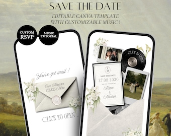 Save-the-Date-Vorlage mit weißem und schwarzem Blumenmuster | Bearbeitbare Hochzeitswebsite mit RSVP-Funktion (Digitaler Download)