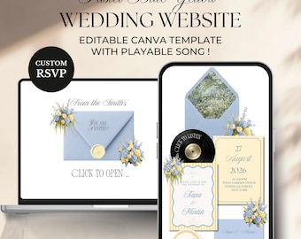 Pastel Blue Yellow Vintage Floral Wedding Website Template | Editable Canva Digital Invitation with RSVP