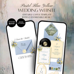 Pastel Blue Yellow Vintage Floral Wedding Website Template | Editable Canva Digital Invitation with RSVP