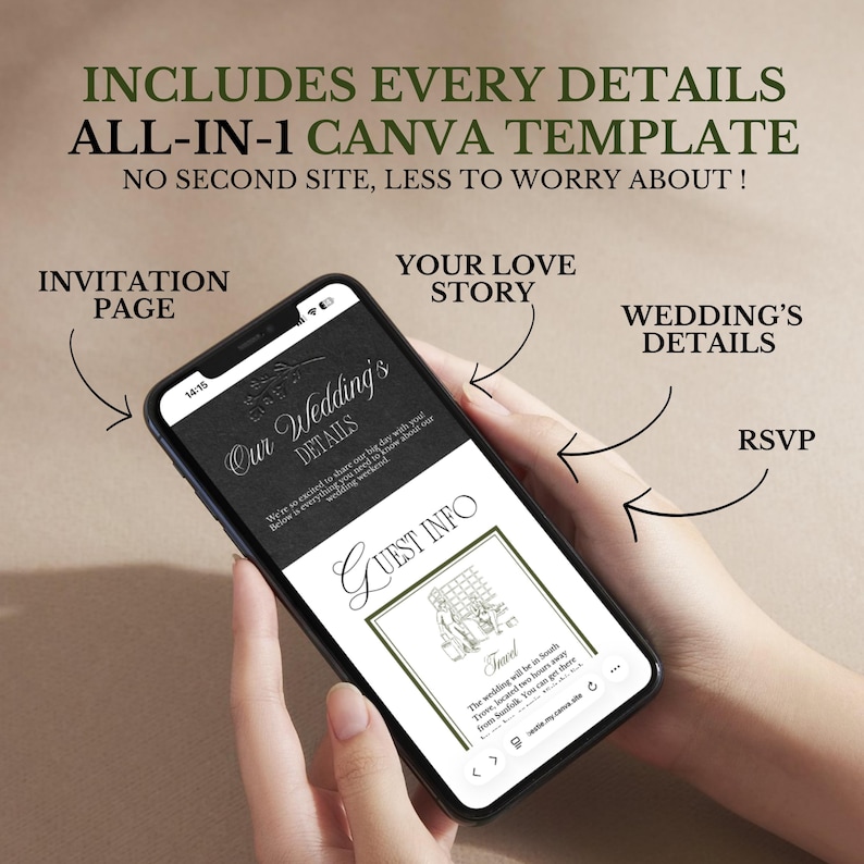 K&ouml;nnte beinhalten: Ein Smartphone zeigt eine digitale Hochzeitsvorlage mit Abschnitten namens Invitation Page, Your Love Story, Wedding's Details und RSVP. Der Bildschirm zeigt Text, einschlie&szlig;lich Our Wedding's Details und Guest Info mit einem Reisesymbol.