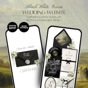 Pode incluir: Um modelo de site de casamento digital exibido em dois smartphones, com um esquema de cores em preto e branco e detalhes florais. As telas mostram designs de convites, um envelope preto com selo de cera e texto incluindo "From the Smiths", "You Are Invited", "Click to Open", "We're Getting Married" e "Tiana & Martin".