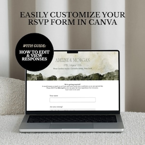 May include: A laptop displaying a wedding RSVP form, with the text "EASILY CUSTOMIZE YOUR RSVP FORM IN CANVA." A black circle with white text reads "HOW TO EDIT & VIEW RESPONSES." The form includes fields for name and attendance.
