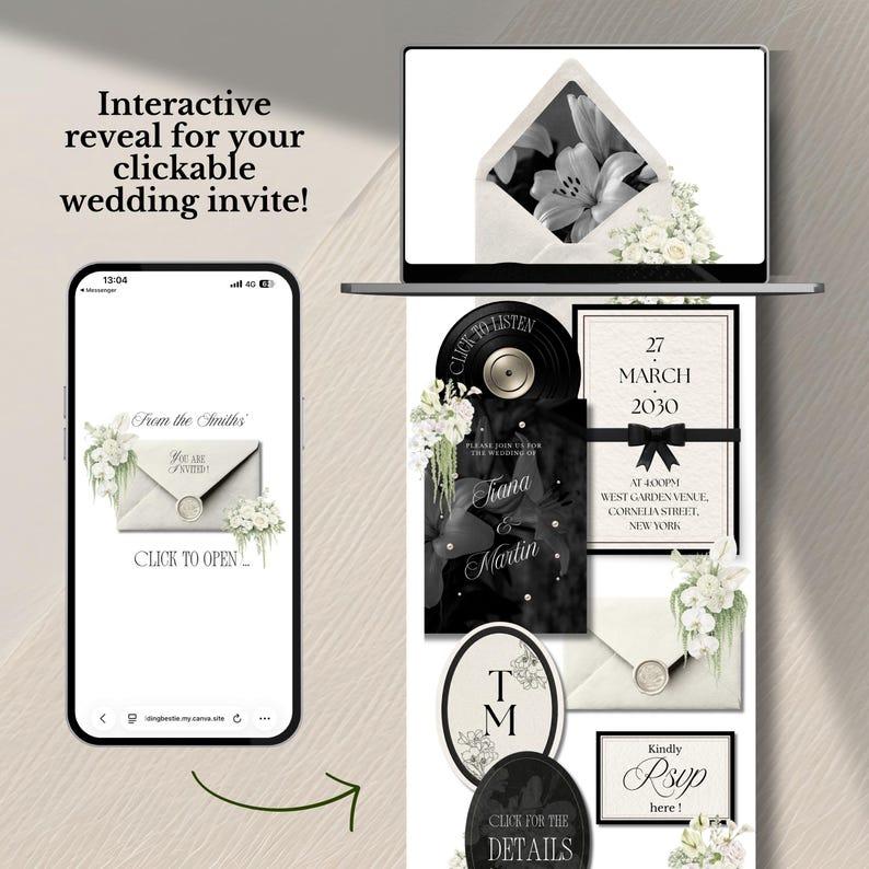 K&ouml;nnte beinhalten: Eine digitale interaktive Hochzeitseinladung auf einem Smartphone- und Laptop-Bildschirm. Das Design zeigt schwarz-wei&szlig;e Blumenmotive, eine Schallplattengrafik und Text, darunter 'From the Smiths', 'Tiana & Martin', '27 March 2030' und 'RSVP'.