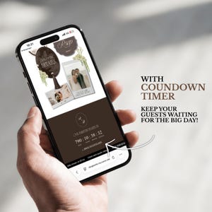 May include: A smartphone screen displaying a digital wedding invitation template with a dark brown color scheme. The interface features photo frames, RSVP buttons, and a countdown timer showing 790 days, 10 hours, 38 minutes, and 32 seconds.