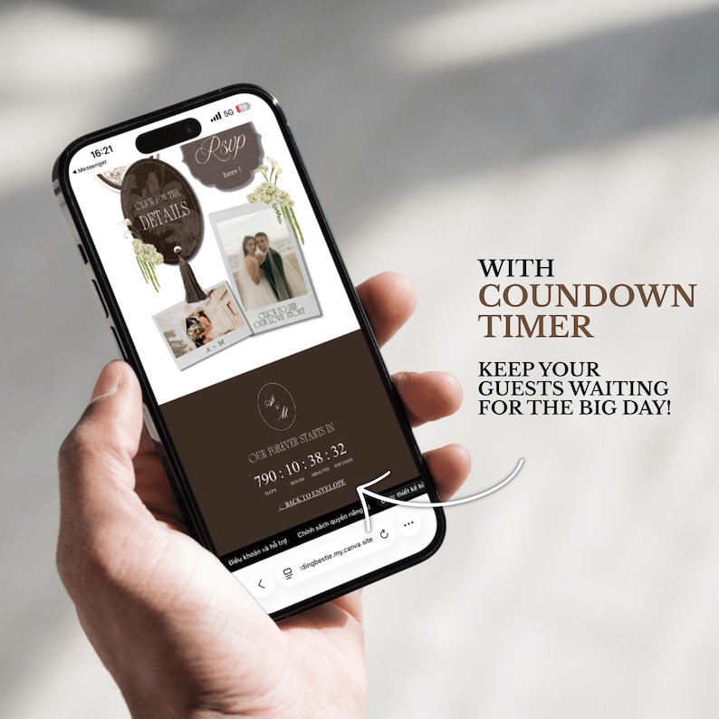 May include: A smartphone screen displaying a digital wedding invitation template with a dark brown color scheme. The interface features photo frames, RSVP buttons, and a countdown timer showing 790 days, 10 hours, 38 minutes, and 32 seconds.