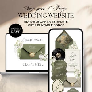 Può includere: Un modello di sito web di matrimonio verde salvia e beige visualizzato su un laptop e uno smartphone. Il design include accenti floreali, dettagli dell'invito e il testo "Sage green & Beige WEDDING WEBSITE". Il modello è modificabile e include una canzone riproducibile.