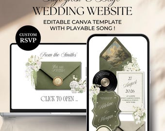 Saliegroen en beige bruiloft websitesjabloon | Bewerkbare Canva-uitnodiging met RSVP (digitale download)