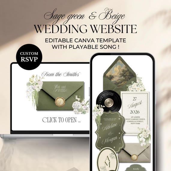 Sage Green & Beige Wedding Website Template | Editable Canva Invitation with RSVP (Digital Download)