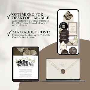May include: A digital wedding invitation suite displayed on a smartphone, tablet, and laptop. The design features cream and dark brown tones, floral accents, a vinyl record graphic, and text including "Adeline & Morgan" and "27 August 2026".