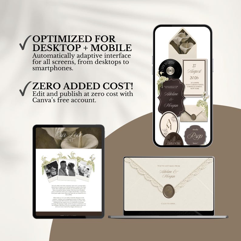 May include: A digital wedding invitation suite displayed on a smartphone, tablet, and laptop. The design features cream and dark brown tones, floral accents, a vinyl record graphic, and text including "Adeline & Morgan" and "27 August 2026".