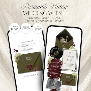 May include: A digital wedding website template displayed on two smartphones, featuring burgundy and olive green envelopes with wax seals, swan illustrations, and elegant typography. The screens show text including "A Love Letter From Adeline & Morgan," "Click to Open," and "27 August 2030," alongside custom RSVP, music tutorial, and countdown timer icons.