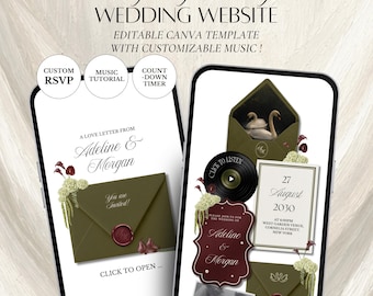 Olive Green & Burgundy Vintage Floral Wedding Website Template | Editable Canva Digital Invitation with RSVP