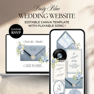 Mall för bröllopshemsida med dammig blå blommig design | Redigerbar Canva-inbjudan med OSA (digital nedladdning)