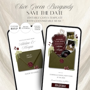 May include: Two smartphones displaying a digital Save the Date wedding invitation template in olive green and burgundy. The design features an envelope with a wax seal, floral accents, and text including Adeline & Morgan, 27.08.2030, and Cornelia Venue, New York. Includes custom RSVP and music.