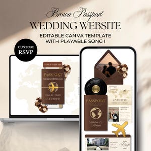 Puede incluir: Una plantilla de sitio web de bodas marrón con el texto "Brown Passport WEDDING WEBSITE" y "EDITABLE CANVA TEMPLATE WITH PLAYABLE SONG!". El diseño incluye elementos temáticos de pasaporte, una computadora portátil y un teléfono inteligente.