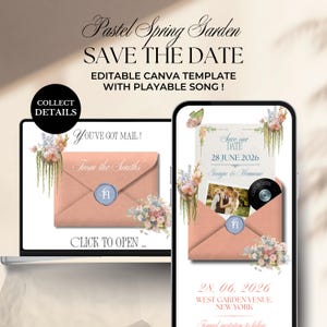 May include: A digital wedding invitation template with a pastel floral design. The text reads "Save the Date" and includes the date, names, and venue. The design includes a playable song feature and is editable in Canva.