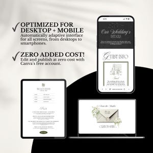 K&ouml;nnte beinhalten: Eine digitale Hochzeitseinladungsvorlage auf einem Smartphone, Tablet und Laptop-Bildschirm. Die Benutzeroberfl&auml;che enth&auml;lt Text wie Our Wedding's Details, Guest Info, The Day's Events und FAQs sowie eine Umschlag-Grafik mit Click to Open.