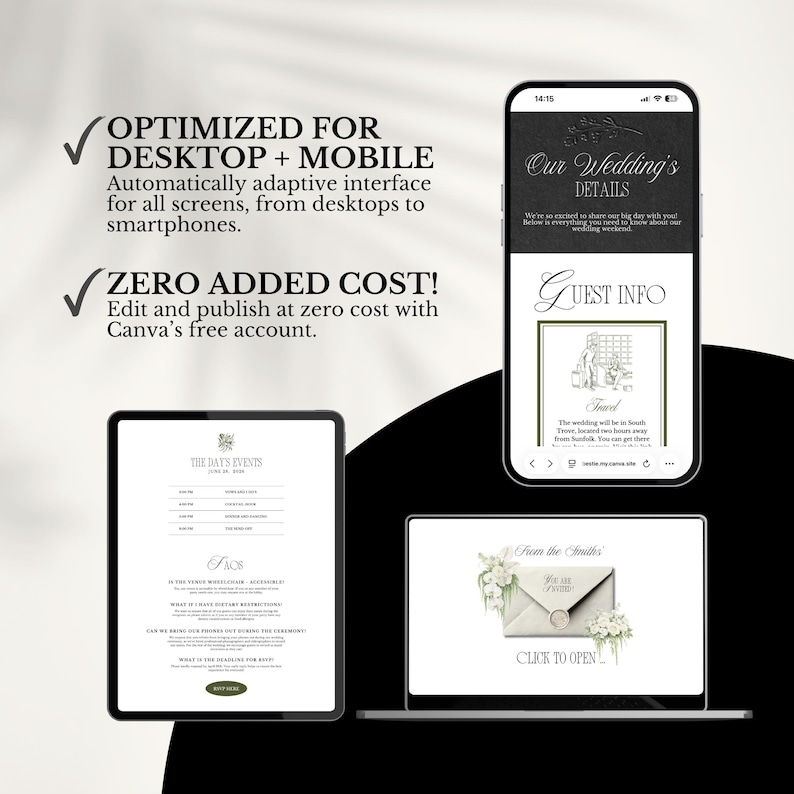 K&ouml;nnte beinhalten: Eine digitale Hochzeitseinladungsvorlage auf einem Smartphone, Tablet und Laptop-Bildschirm. Die Benutzeroberfl&auml;che enth&auml;lt Text wie Our Wedding's Details, Guest Info, The Day's Events und FAQs sowie eine Umschlag-Grafik mit Click to Open.