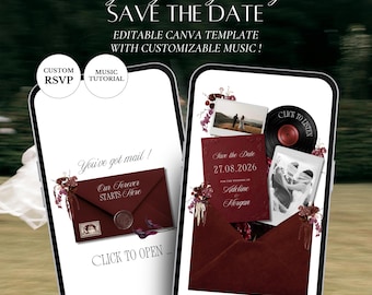 Burgundy Ivory Digital Save The Date Template | Vintage Wedding Website With RSVP & Song (Digital Download)