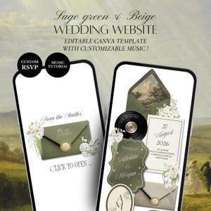 Sage Green & Beige Wedding Website Template Canva | Editable Invitation with RSVP (Digital Download) image 1