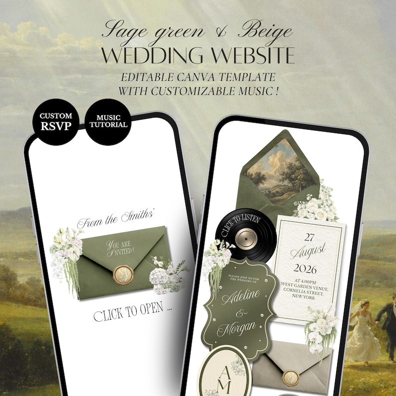 Sage Green & Beige Wedding Website Template Canva | Editable Invitation with RSVP (Digital Download) image 1