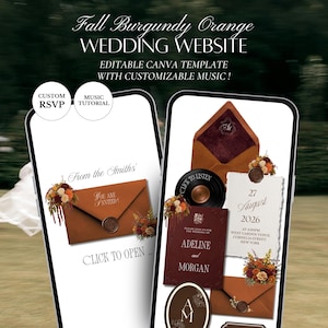 Modello per sito web di matrimonio autunnale con motivi floreali bordeaux e arancioni / Invito modificabile su Canva con RSVP (download digitale)