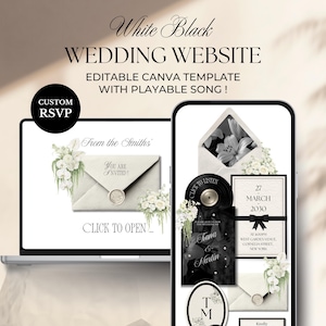 Puede incluir: Una plantilla de sitio web de bodas que se muestra en una computadora portátil y un teléfono inteligente. El diseño presenta un esquema de color blanco y negro con acentos florales. El texto incluye "White Black WEDDING WEBSITE" y "EDITABLE CANVA TEMPLATE WITH PLAYABLE SONG!"