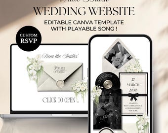White & Black Floral Wedding Website Template | Editable Canva Invitation with RSVP (Digital Download)