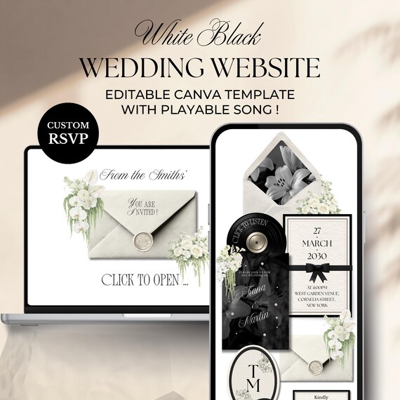 White & Black Floral Wedding Website Template | Editable Canva Invitation with RSVP (Digital Download)