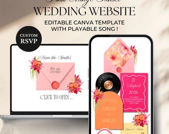 Pink Orange Sunset Wedding Website Template | Editable Canva Invitation with RSVP (Digital Download)
