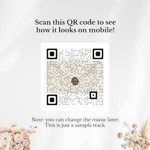 May include: A square QR code featuring a central graphic of a necklace with a dark oval pendant. Text above reads: Scan this QR code to see how it looks on mobile! Text below reads: Note: you can change the music later. This is just a sample track.