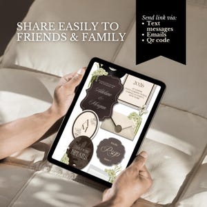 May include: A tablet screen displaying a digital wedding invitation suite with dark brown and cream accents. The design includes floral motifs, an envelope with a wax seal, and text reading Adeline & Morgan, 2026, and RSVP here. Text above reads SHARE EASILY TO FRIENDS & FAMILY.