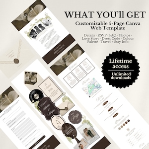 May include: A customizable 5-page Canva web template for weddings featuring a neutral color palette with brown accents. The design includes sections for details, RSVP, FAQ, photos, love story, dress code, color palette, and travel information.