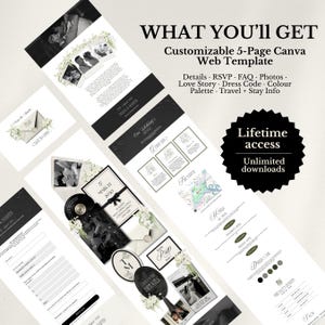 K&ouml;nnte beinhalten: Eine anpassbare 5-seitige Canva-Webvorlage f&uuml;r Hochzeitseinladungen mit schwarz-wei&szlig;en Layouts und floralen Akzenten. Der Text umfasst WHAT YOU'LL GET, Lifetime access, Unlimited downloads, Details, RSVP, FAQ, Photos, Love Story, Dress Code, Colour Palette und Travel + Stay Info.