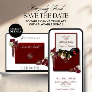 Plantilla digital para guardar la fecha con flores burdeos / Sitio web de bodas con RSVP y canción (Descarga digital)