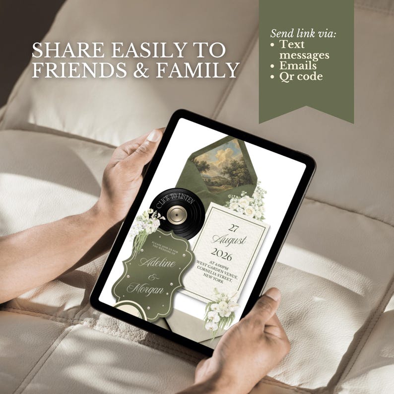 May include: A tablet displaying a wedding invitation design with the names "Adeline & Morgan" and event details. The design includes a vintage record, floral accents, and the text "Share easily to friends & family."