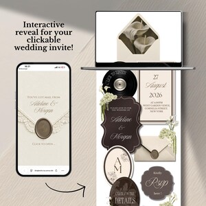 May include: A digital interactive wedding invitation displayed on a smartphone and laptop screen. The design features cream and dark brown tones, floral accents, wax seal graphics, and text including Adeline & Morgan, 27 August 2026, and RSVP.