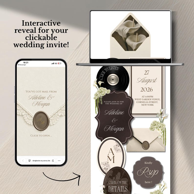 May include: A digital interactive wedding invitation displayed on a smartphone and laptop screen. The design features cream and dark brown tones, floral accents, wax seal graphics, and text including Adeline & Morgan, 27 August 2026, and RSVP.