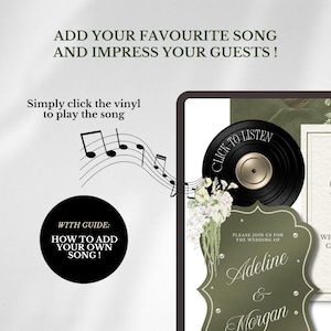 May include: A wedding invitation design with a black vinyl record graphic and musical notes. The text reads "Add your favorite song and impress your guests!" and "Simply click the vinyl to play the song."