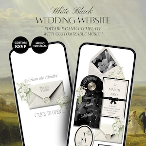 White & Black Floral Wedding Website Canva Template | Editable Invitation with RSVP (Digital Download)