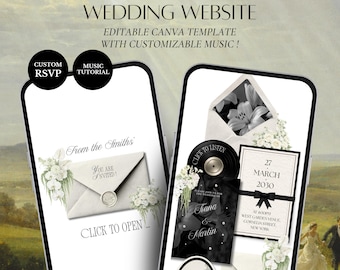 White & Black Floral Wedding Website Canva Template | Editable Invitation with RSVP (Digital Download)